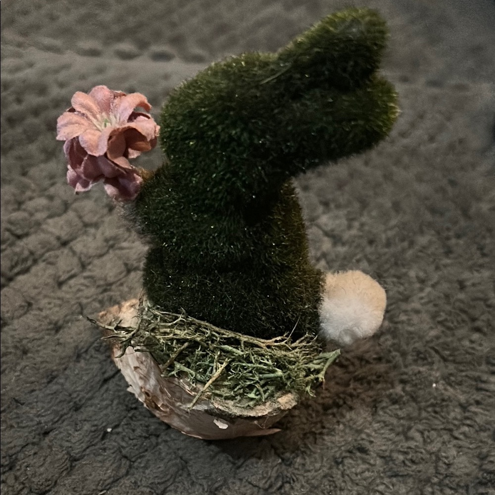Green Moss Bunny Decor with Pink Flower